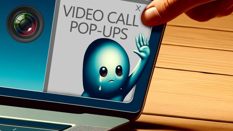 An animated blue character with sad eyes and a tear drop appears on a laptop screen with the text "teams meeting pop-ups. " a hand reaches to close the pop-up.