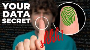 A person is pressing a virtual fingerprint scanner with the text "your data secret" in large white letters and "shhh! " in red script overlaying the fingerprint. Background shows code snippets, underscoring the emphasis on data security.