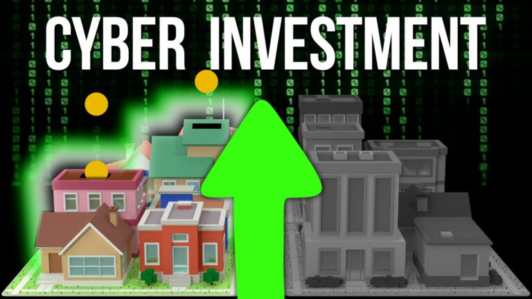 Illustration showing the transformation of colorful residential buildings to greyed-out buildings, with text "cyber investment" and a green arrow pointing from colorful to grey buildings against a binary code background, emphasizing businesses investing in cyber security defenses.