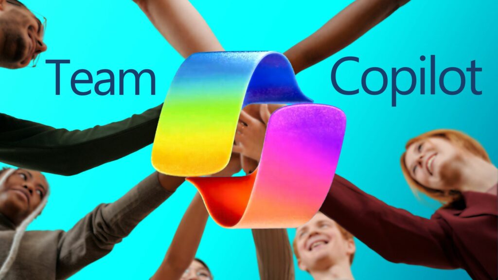 Five people join hands in a circle under a rainbow-colored infinity symbol with the text "Team Copilot" on a blue background, illustrating unity in investing.