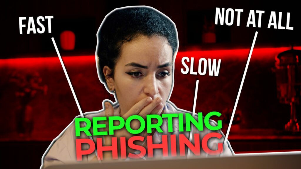 A person looks at a laptop screen, with text on the image saying "Reporting Phishing" and arrows labeled "Fast," "Slow," and "Not at all." Highlighting the importance of employees reporting security issues promptly ensures a fast response to potential threats.