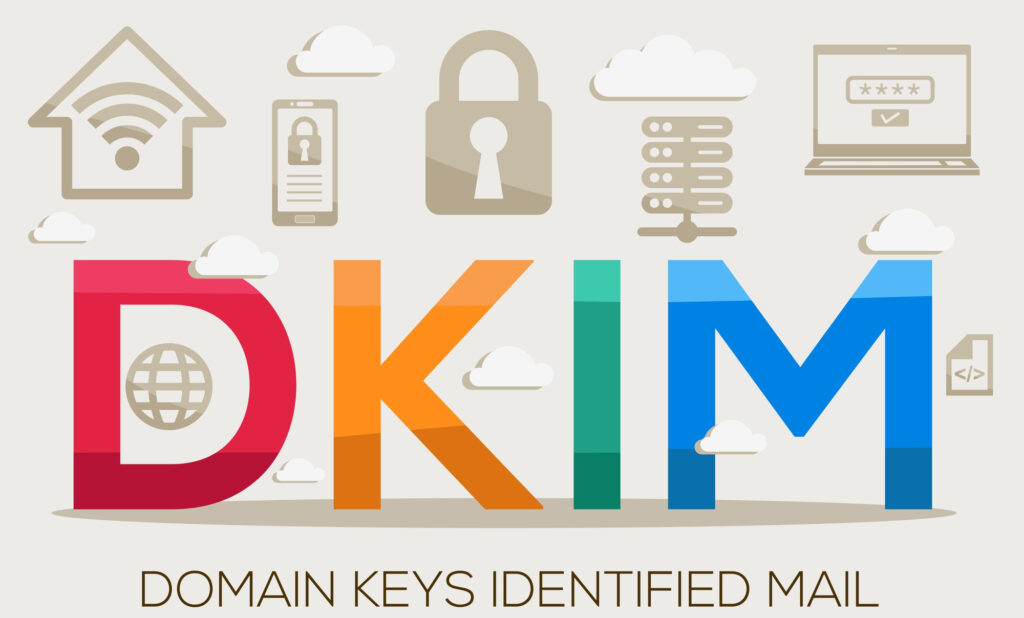 Illustration of "DKIM" (Domain Keys Identified Mail) in bold letters, surrounded by icons representing internet security, such as a lock, server, laptop, and mobile device—ensuring secure business emails and improving email delivery.