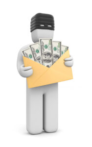 A 3d figure wearing a mask is holding an envelope filled with u. S. Dollar bills.