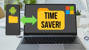 A laptop screen displays a large folder icon with "time saver! " text next to a smaller android folder icon on a smartphone screen, connected by a green arrow. Microsoft and android logos are present, showcasing how file explorer can help you manage android phone files efficiently and save time.