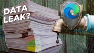 A stack of documents with a title reading "data leak? " is shown next to a water faucet. Water drips through a shield with the microsoft edge logo. A digital code background is present, emphasizing the need to protect your business from potential threats.
