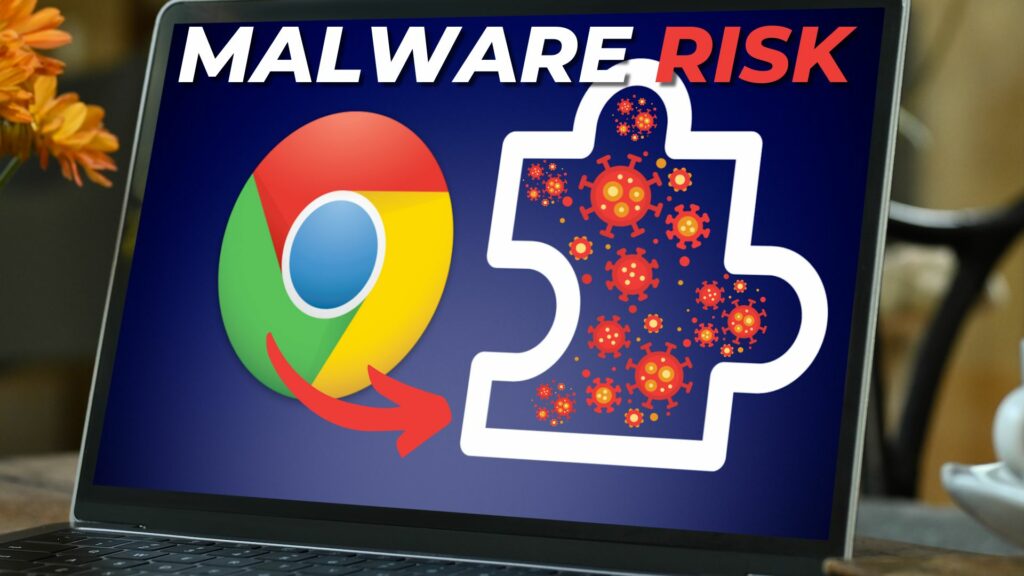 A laptop screen displaying a warning about Chrome extension malware risk, featuring the Google Chrome logo and a puzzle piece icon with virus symbols.