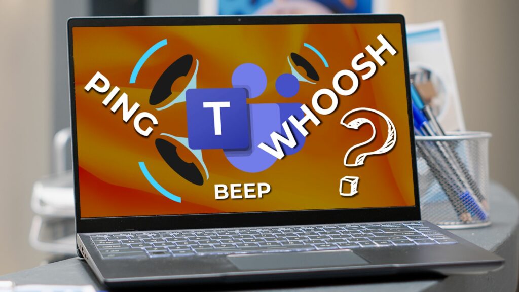 A laptop screen displays various sound effects such as "PING" and "WHOOSH," along with microphones and a question mark, indicating notifications likely from a communication app like Teams.