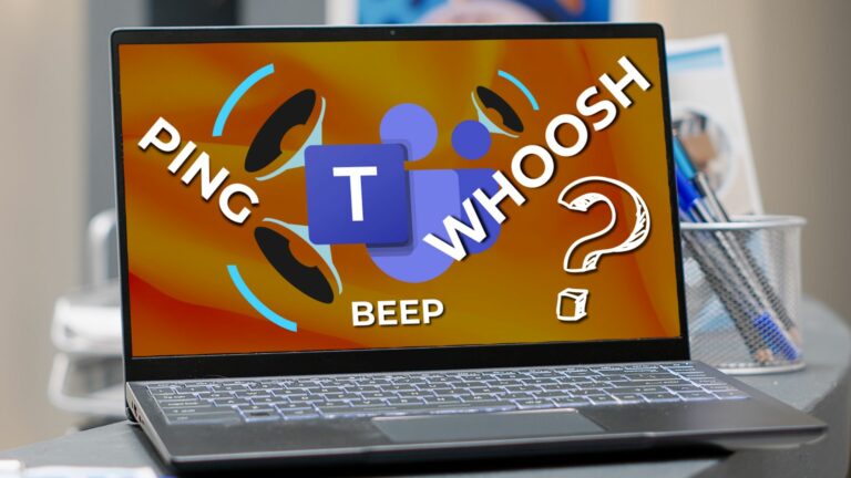 A laptop screen displays various sound effects such as "ping" and "whoosh," along with microphones and a question mark, indicating notifications likely from a communication app like teams.