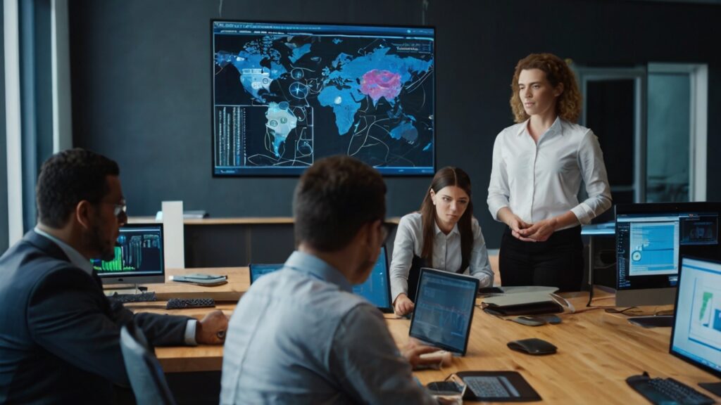 A woman stands and speaks to seated colleagues in a meeting room with multiple laptops and large screens displaying world maps, data, and cyber security training modules.