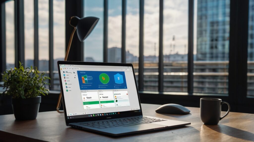 A laptop on a wooden desk displays a software dashboard for startup apps, accompanied by a lamp, plant, coffee mug, and mouse. Large windows in the background reveal a cityscape.