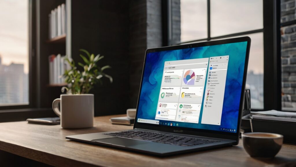 Boost Your Business Efficiency: Master Windows 11 Startup Apps: A laptop displaying a data chart on a desk with a plant, cup, and bookshelves in the background, near large windows in a modern office setting, showcases insights from various startup apps.