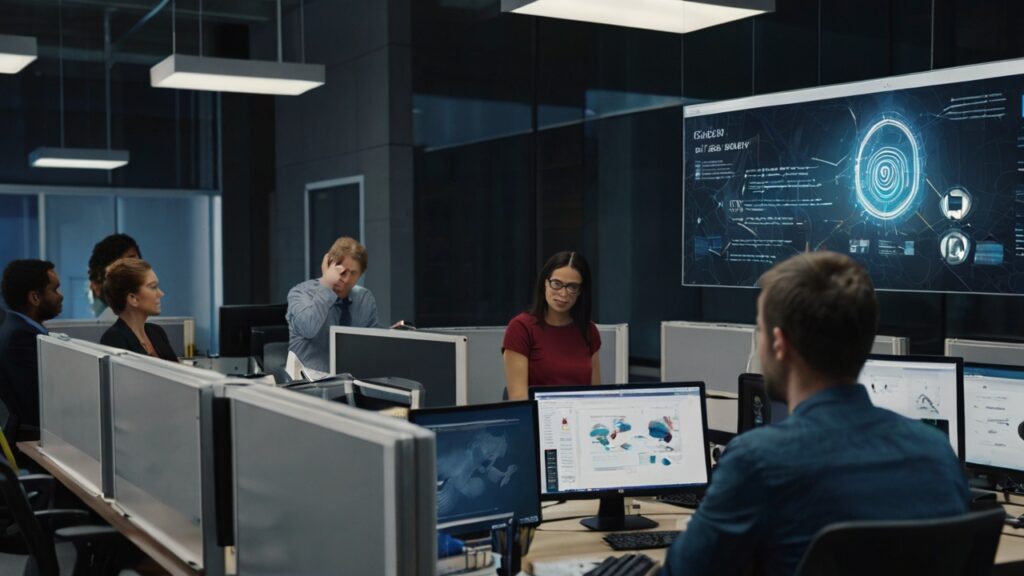 Office setting with several people working at computers. A large screen displays data and graphics on the wall, highlighting cyber security training. The environment is modern with glass partitions and overhead lighting.