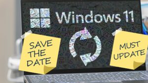 A laptop screen displaying the windows 11 logo with sticky notes saying "save the date" and "must update by deadline.