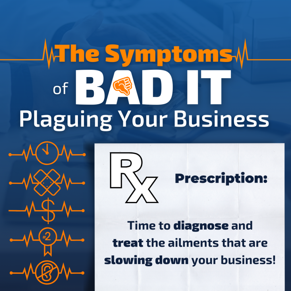 Infographic titled "The Symptoms of Bad IT Plaguing Your Business" with a prescription graphic suggesting it's time to diagnose and treat business IT problems that are slowing down the business.