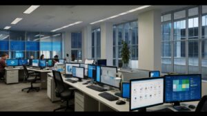 An open-plan office with multiple workstations, several computer screens displaying data on windows 11, office employees working at desks, large windows with a city view, and white and blue decor.